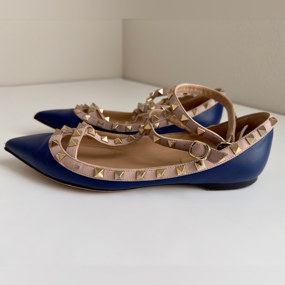 ✨VALENTINO GARAVANI Rockstud Leather Cage Flats Blue Size 37.5 - Picture 5 of 16